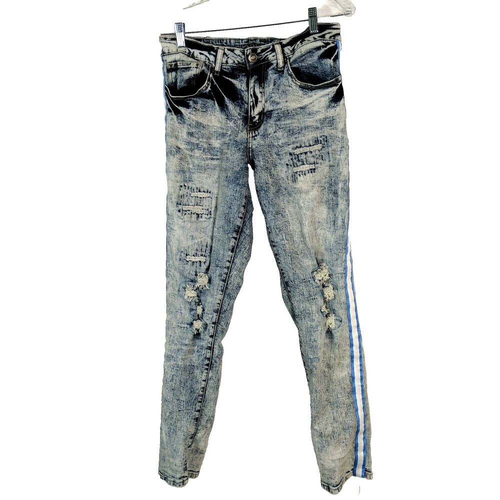 Rue 21 Jeans Premium 32 x 32 Side Leg Stripe Distressed Slim Supreme Flex
